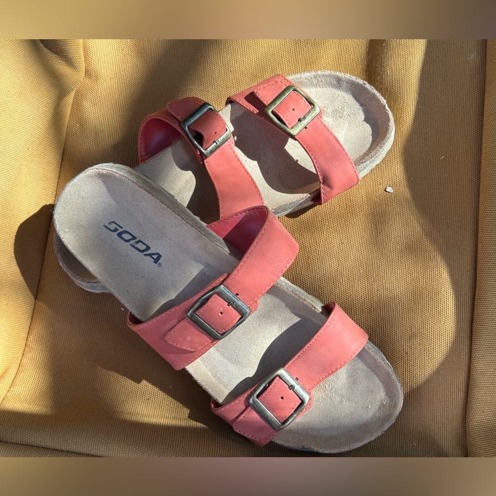 Soda two strap buckle sandals burnt orange with cork footbed arizona